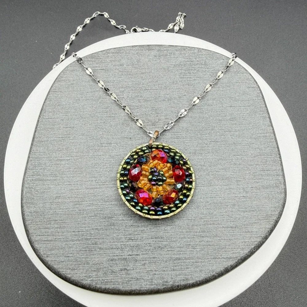 Multicolor Beaded Mosaic Pendant Necklace Stainless Steel Chain Boho Statement